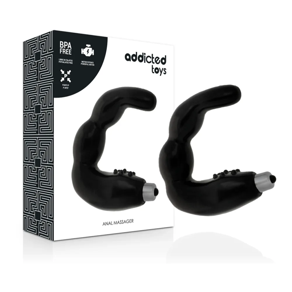 Emballage et deux masseurs anaux noirs en silicone avec bras recourbés, boules vibrantes métallisées et logo Addicted Toys, sur fond blanc