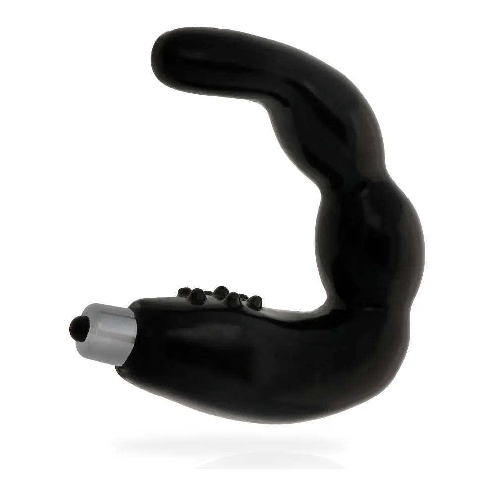Emballage et deux masseurs anaux noirs en silicone avec bras recourbés, boules vibrantes métallisées et logo Addicted Toys, sur fond blanc