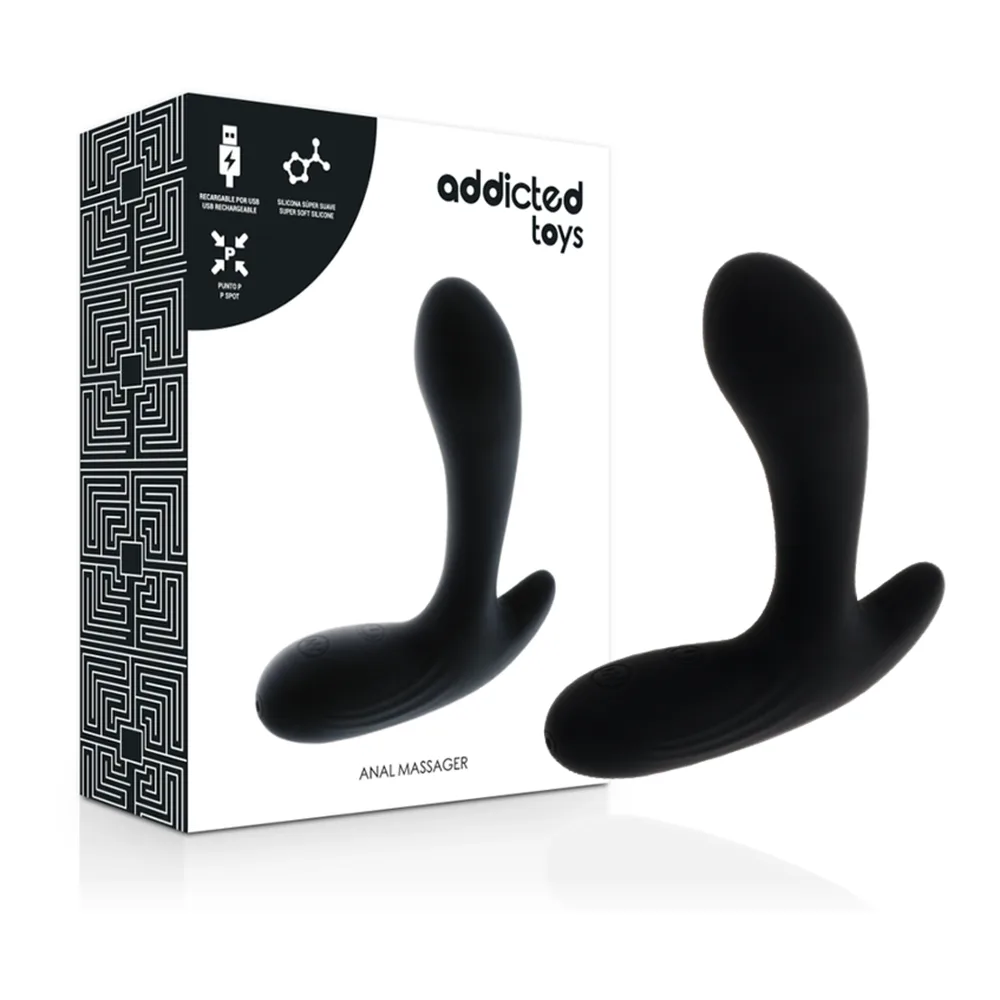 Masseur anal noir en silicone avec embout bulbeux, deux moteurs discrets visibles sur le corps incurvé, design ergonomique sur fond blanc