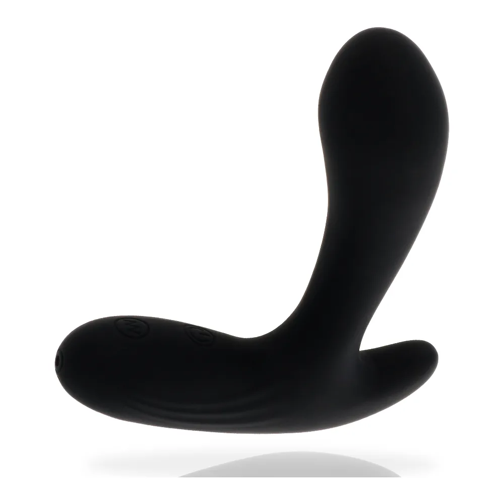 Masseur anal noir en silicone avec embout bulbeux, deux moteurs discrets visibles sur le corps incurvé, design ergonomique sur fond blanc