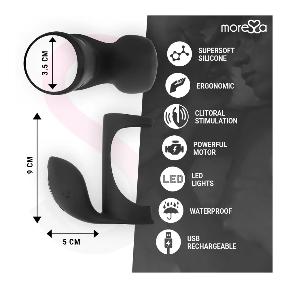 Contenu de l'emballage du vibromasseur Brandon : boîte intérieure, anneau vibrateur noir en silicone avec relief frontal, câble USB noir, guide d'utilisation et pochette de rangement en maille noire sur fond blanc