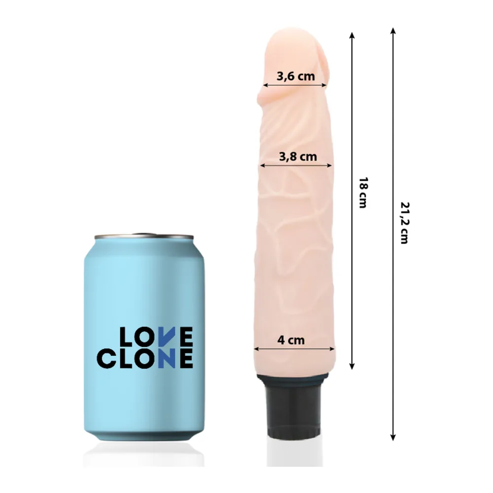 Vibromasseur réaliste de 21,2 cm en silicone beige chair avec relief texturé, bout arrondi, et base noire en silicone, sur fond blanc