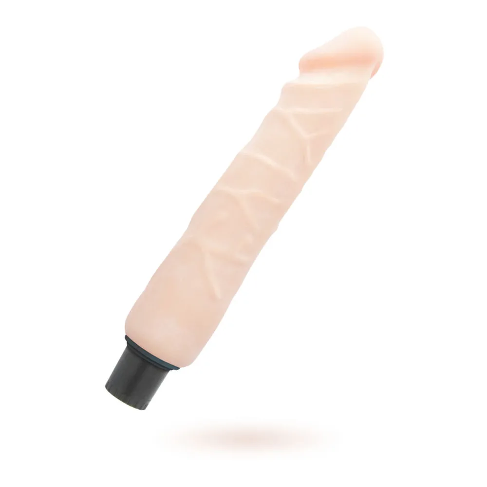 Vibromasseur réaliste en silicone chair avec textures en relief, embout arrondi, base noire, sur fond blanc
