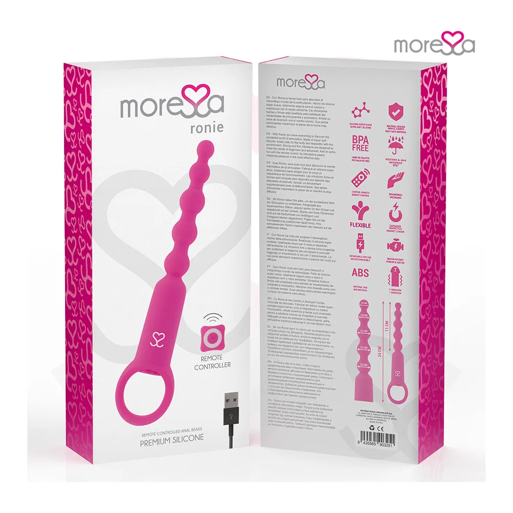 Quatre chapelet anals rose vif en silicone avec perles progressives et base élargie, deux dotés de boucles de retrait et deux de poignées, sur fond blanc dégradé rose
