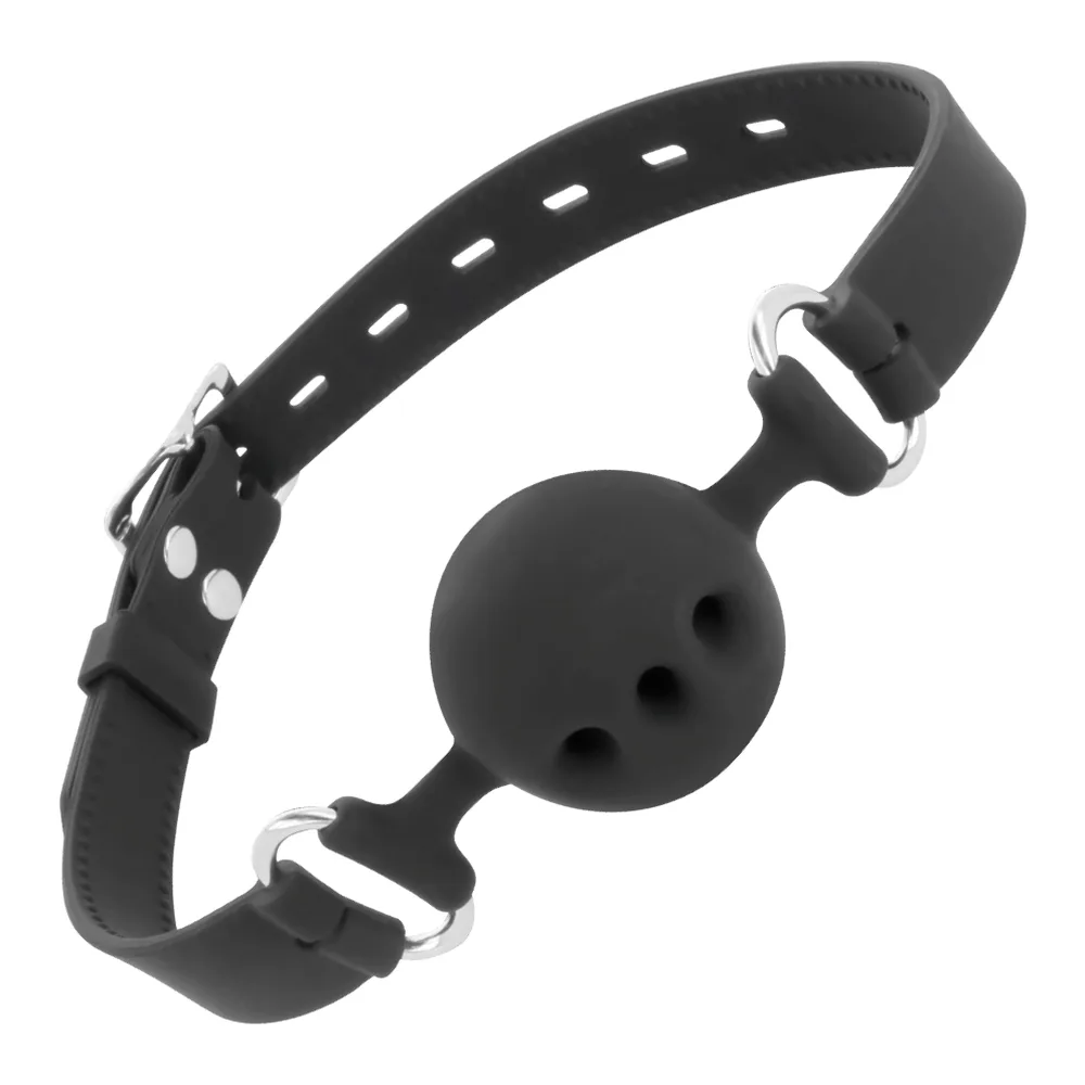 Bâillon en silicone noir avec boule percée de trois trous, sangle ajustable avec perforations et boucles métalliques