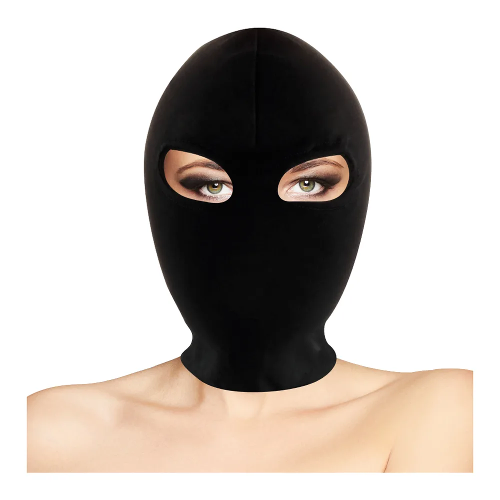 Cagoule en spandex noir couvrant entièrement la tête, avec découpes ovales pour les yeux, portée sur fond blanc