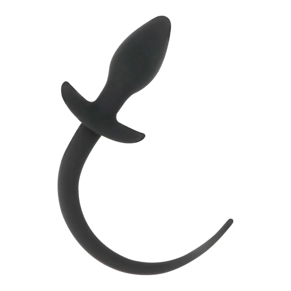 Plug anal en silicone noir avec queue souple et pendante, corps court et bulbeux, fond blanc