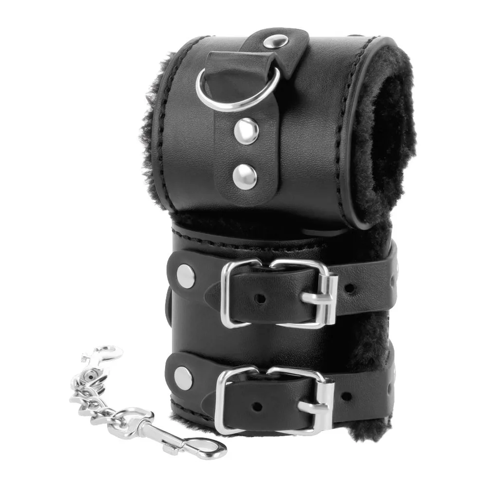Menottes en cuir gris avec doublure, fermoirs à boucles métalliques et rivets blancs, vue de détail d'un bracelet