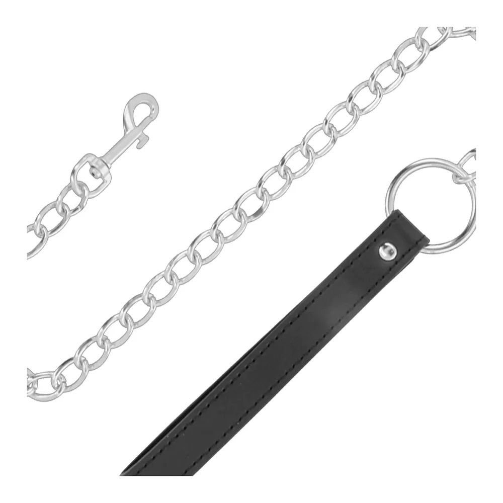 Collier de posture en cuir noir rembourré avec anneau métal, accompagné d'une chaîne argentée et d'un mousqueton assorti