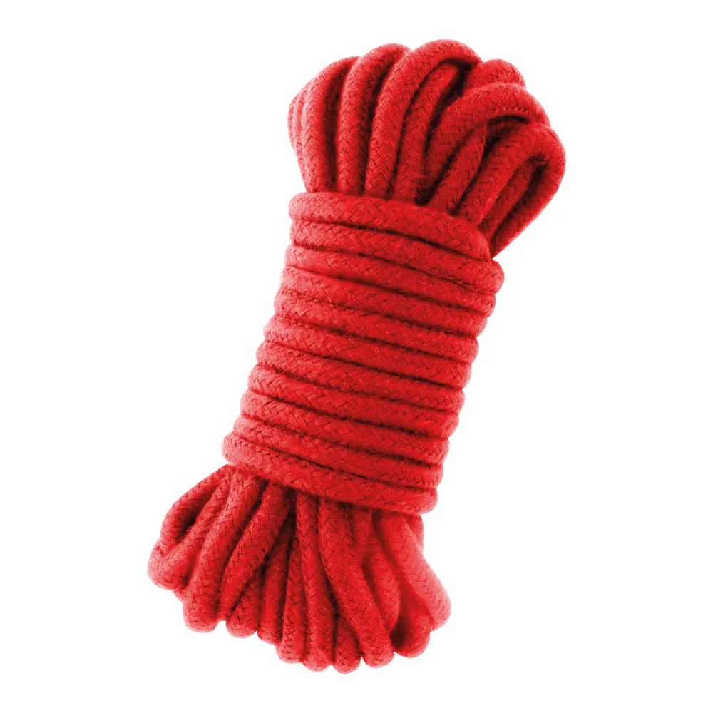 Corde de bondage en coton rouge enroulée, avec emballage rose et noir de la marque Darkness montrant le produit déroulé