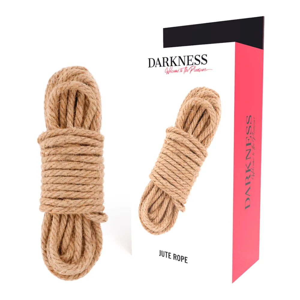 Corde de jute naturel beige enroulée, présentée avec son emballage rose et noir de la marque Darkness, sur fond blanc
