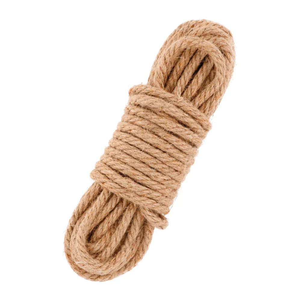 Corde en jute de couleur beige naturel, enroulée en spirale avec une section du milieu serrée par une boucle, sur fond blanc