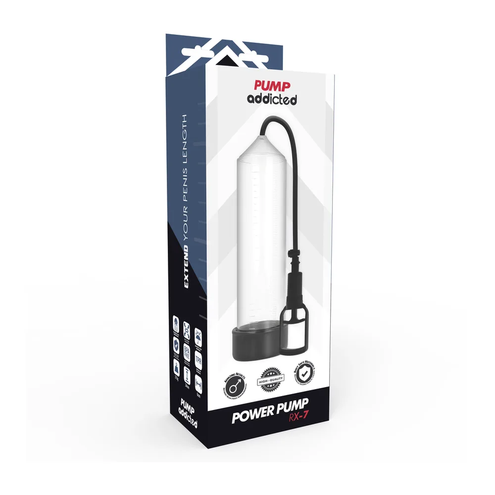 Pompe à pénis avec cylindre transparent et base noire, poire de commande en silicone noir sur tube flexible