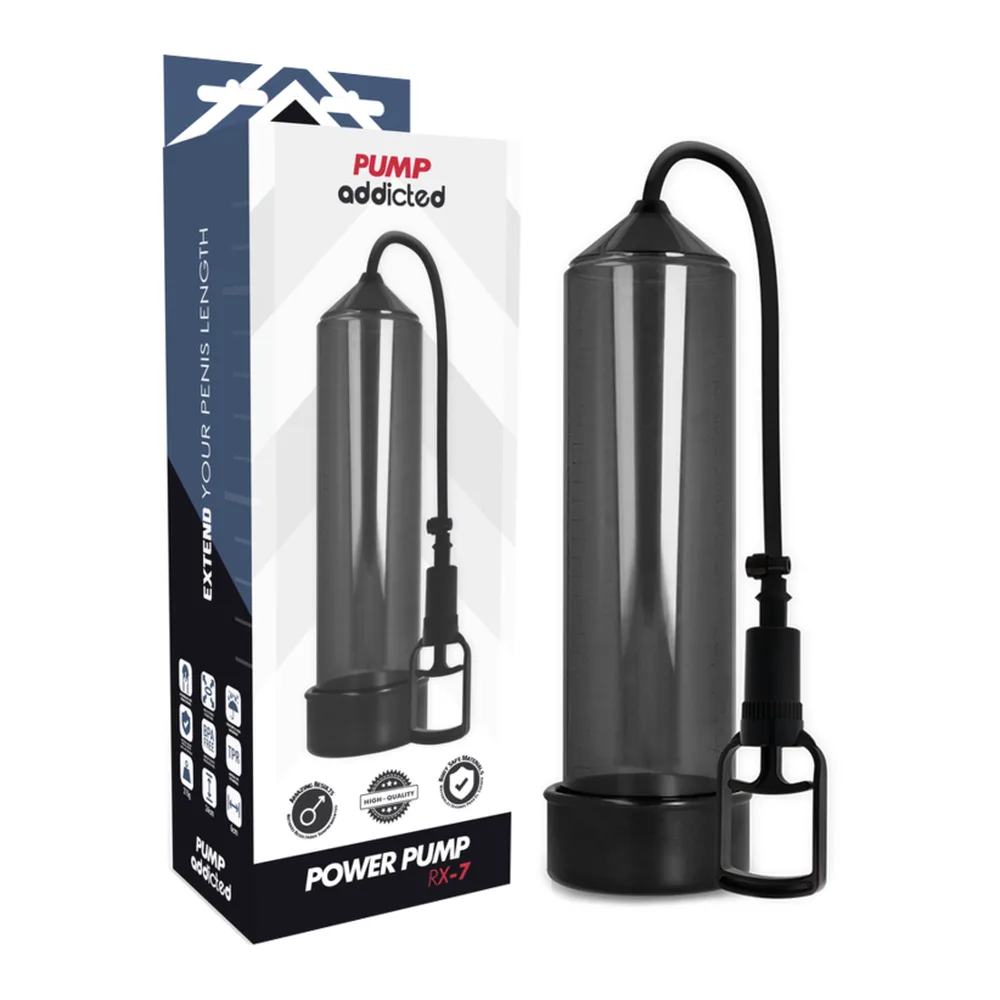 Pompe à pénis avec cylindre transparent et base noire, poire de commande en silicone noir sur tube flexible