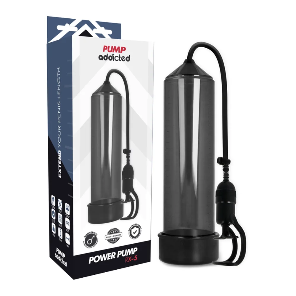 Pompe à pénis transparente avec cylindre en plastique clair, base noire et pompe manuelle à poire noire, sur fond blanc
