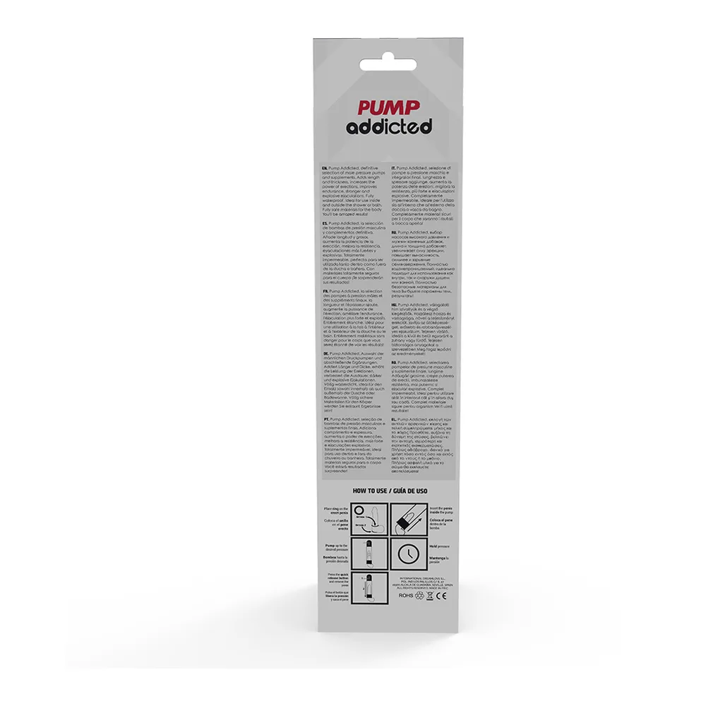 Emballage carton gris de pompe à pénis automatique Pump Addicted, avec logo en rouge et noir, texte descriptif et schémas d'utilisation au verso