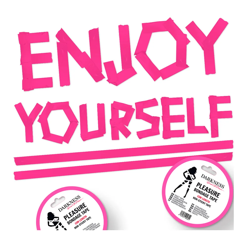 Emballage du ruban bondage non collant Darkness Pleasure, bobine rose fuchsia avec étiquette noire, sur fond blanc avec texte « Enjoy Yourself »