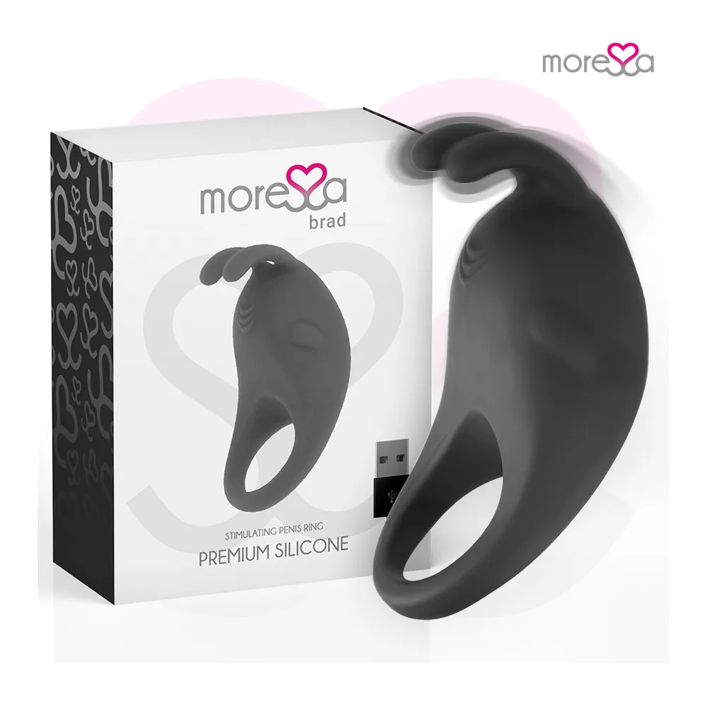 Emballage et cockring noir en silicone premium avec oreilles flexibles, anneau central lisse et port de charge USB, présenté sur fond blanc