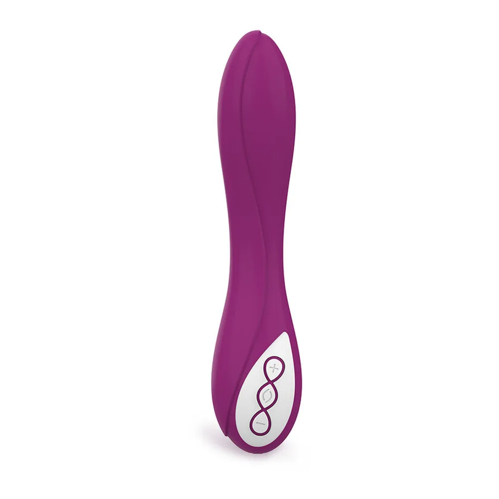 Vibromasseur de forme effilée en silicone prune avec logo blanc sur le corps, présenté sur fond blanc