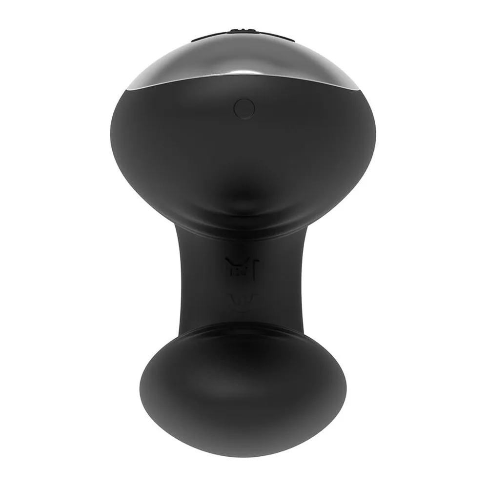 Jouet de couple en silicone noir avec sommet gris argenté, forme évasée avec base large, conçu pour la télécommande, sur fond blanc