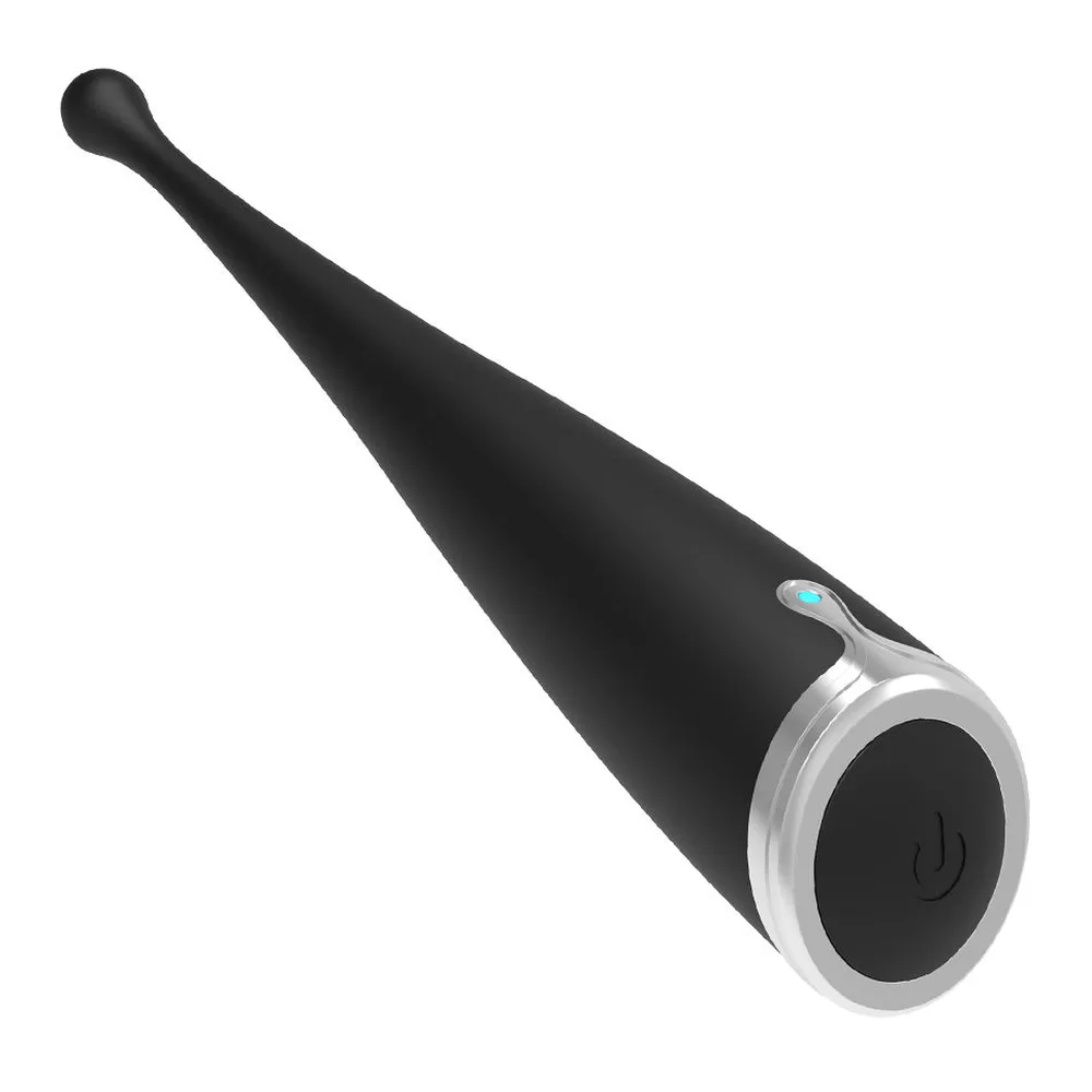 Stimulateur clitoridien blanc et noir avec embout fin, corps ergonomique et bouton de commande bleu sur fond blanc