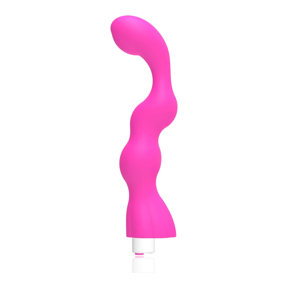 Vibromasseur rose vif avec tête bulbeuse arrondie et tige perlée, rechargeable, sur fond blanc
