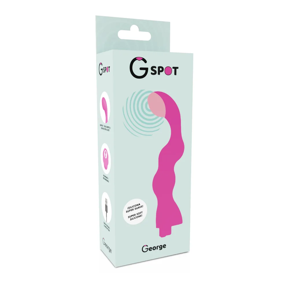 Vibromasseur rose vif avec tête bulbeuse arrondie et tige perlée, rechargeable, sur fond blanc