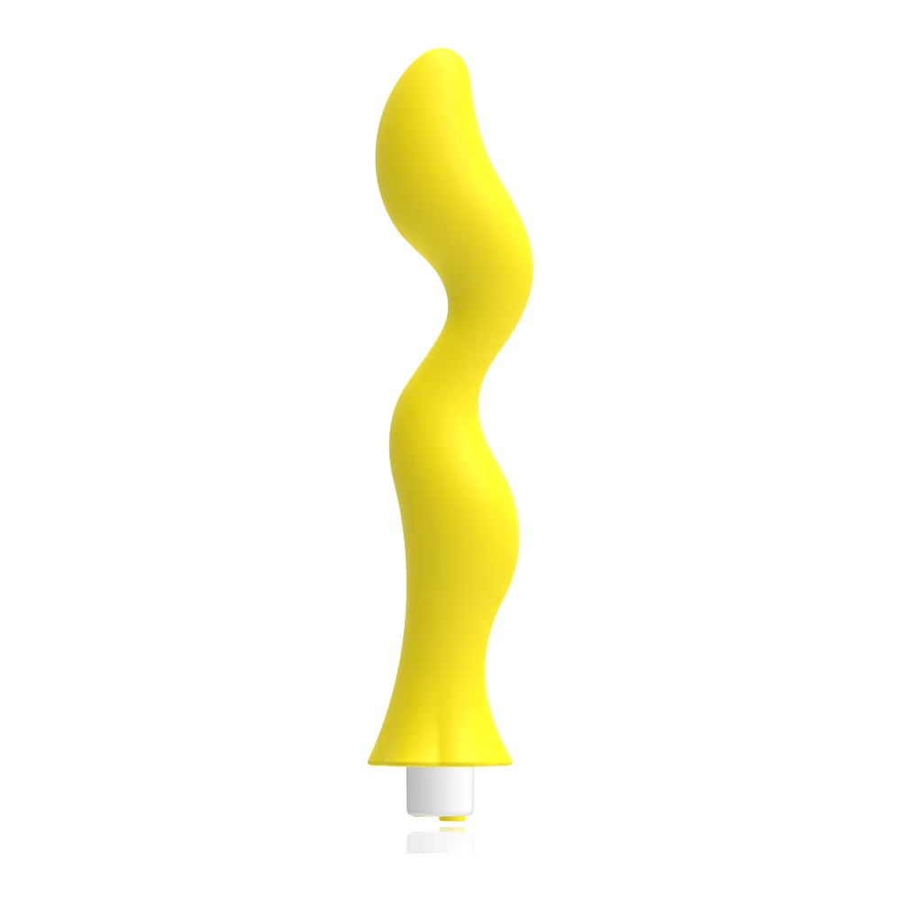Vibromasseur point G jaune vif avec tige ondulée et effilée, base blanche, sur fond blanc