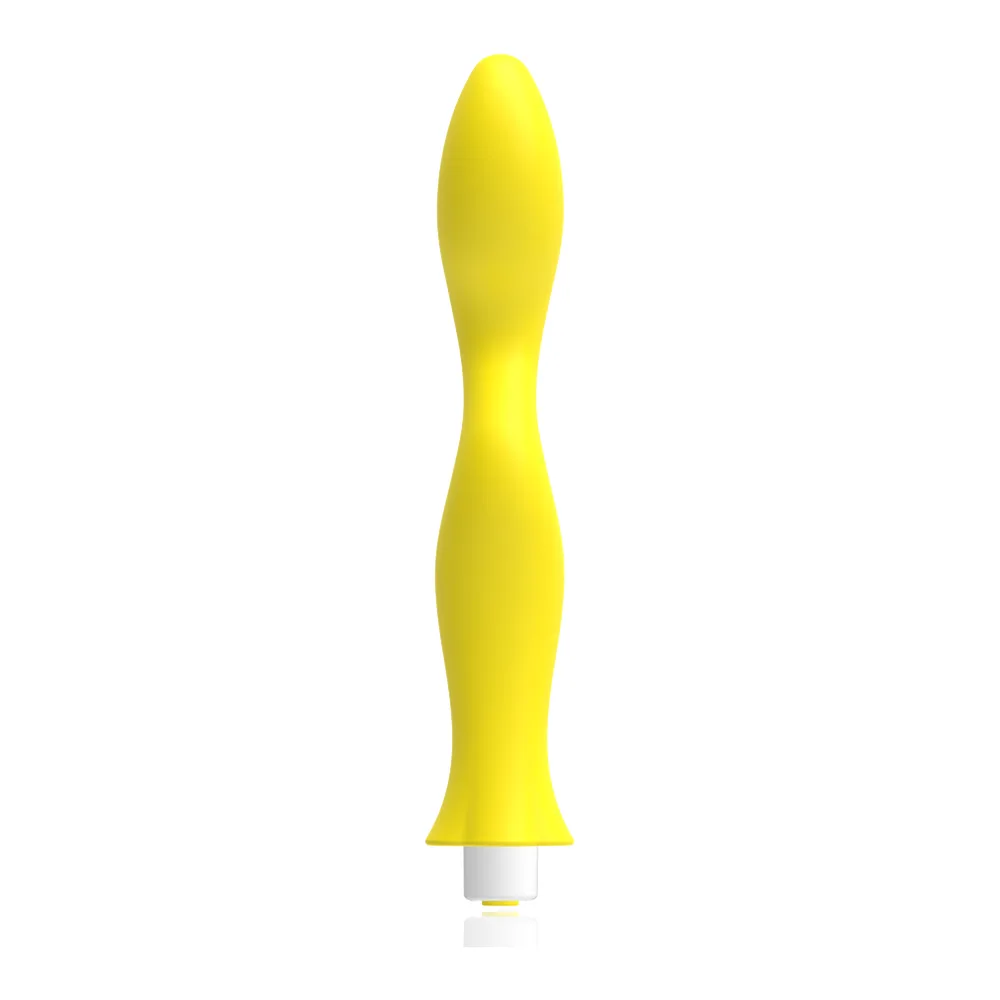 Vibromasseur point G jaune vif avec tige ondulée et effilée, base blanche, sur fond blanc