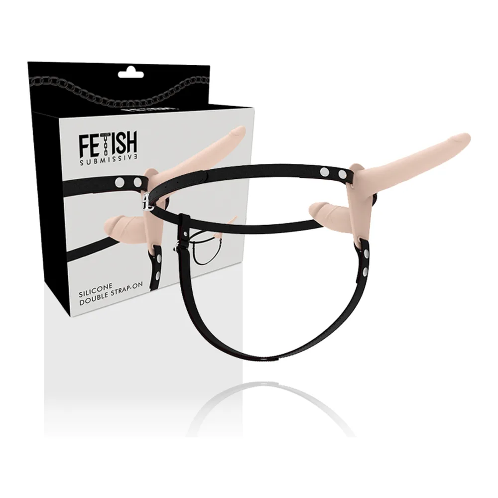Gode-ceinture en silicone beige clair avec deux pénétrateurs, l'un vertical et l'autre horizontal, fixés à un harnais noir à sangles réglables avec boucles métalliques
