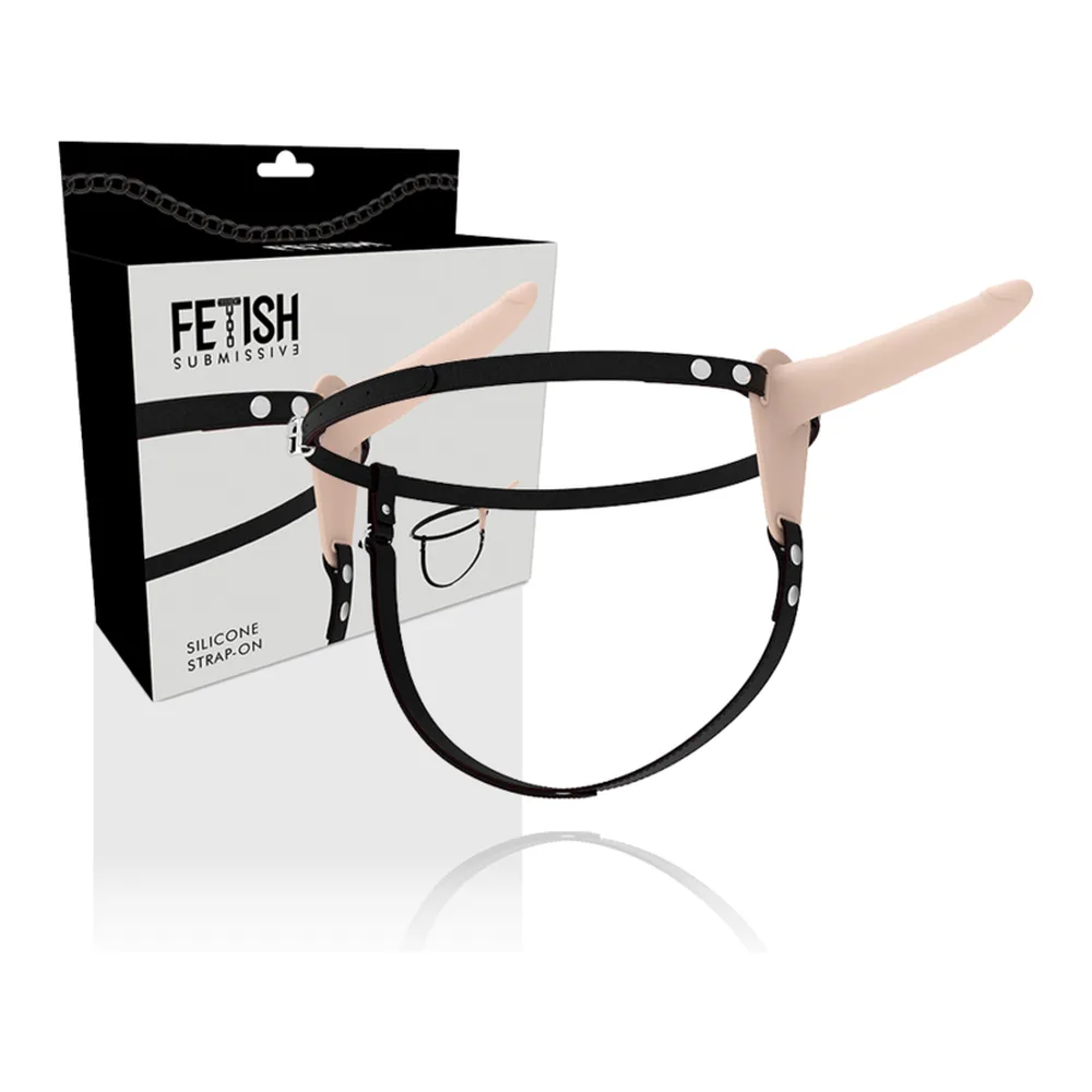 Ensemble gode-ceinture Fetish Submissive en silicone beige avec harnais noir ajustable, présenté avec son emballage