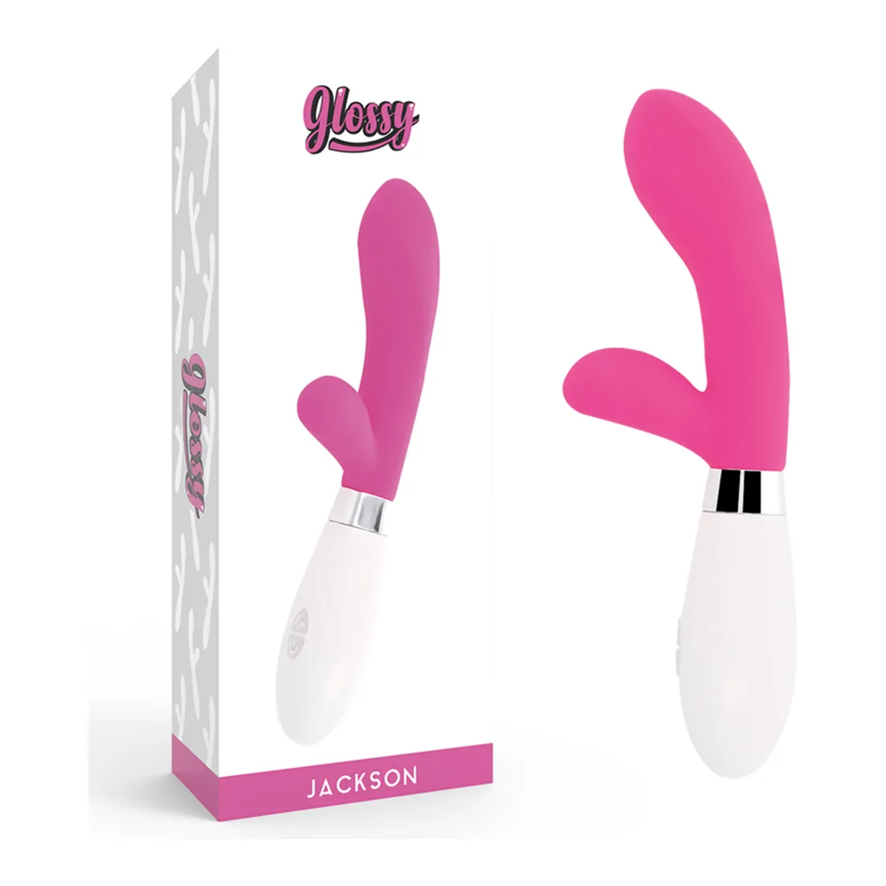 Vibromasseur rabbit Jackson rose et blanc en silicone, avec branches courbées et moteur dual, emballage carton rose et blanc avec piles AAA incluses