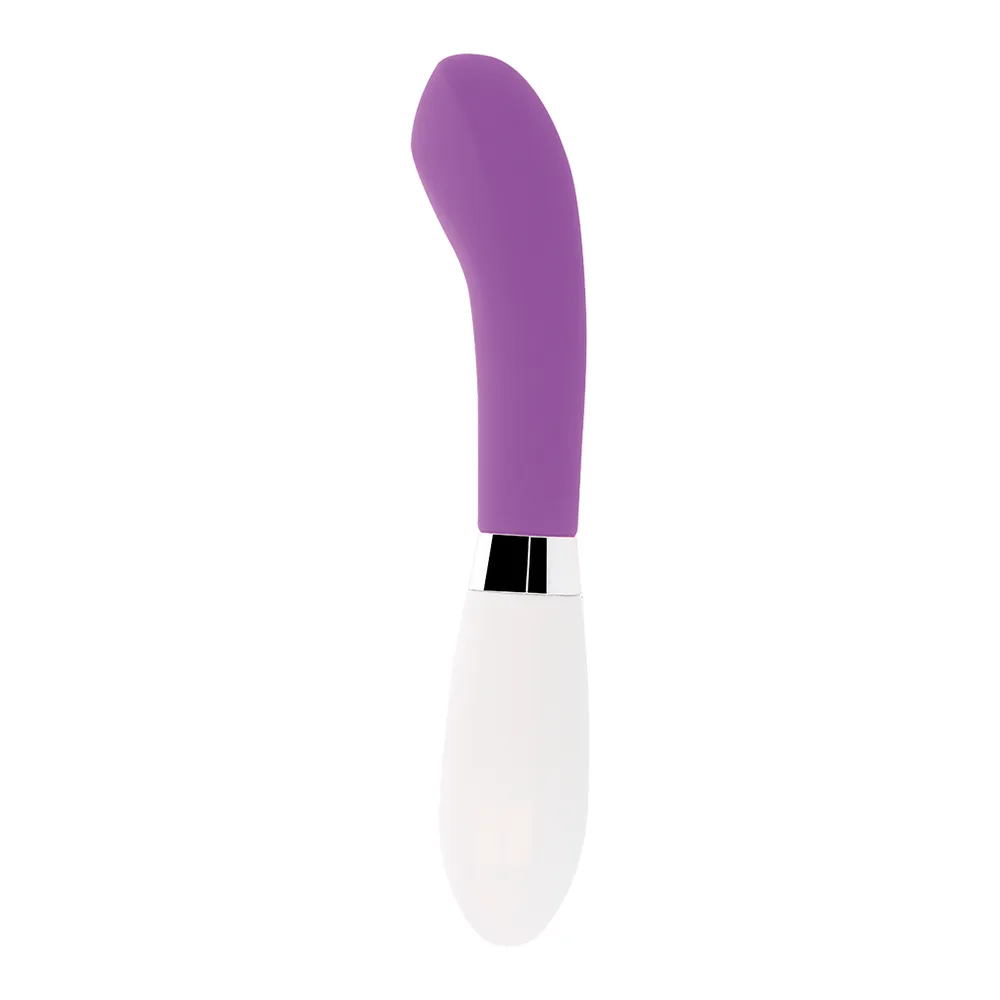 Emballage et deux vues du vibromasseur John en silicone violet et blanc, poignée ergonomique, embout incurvé