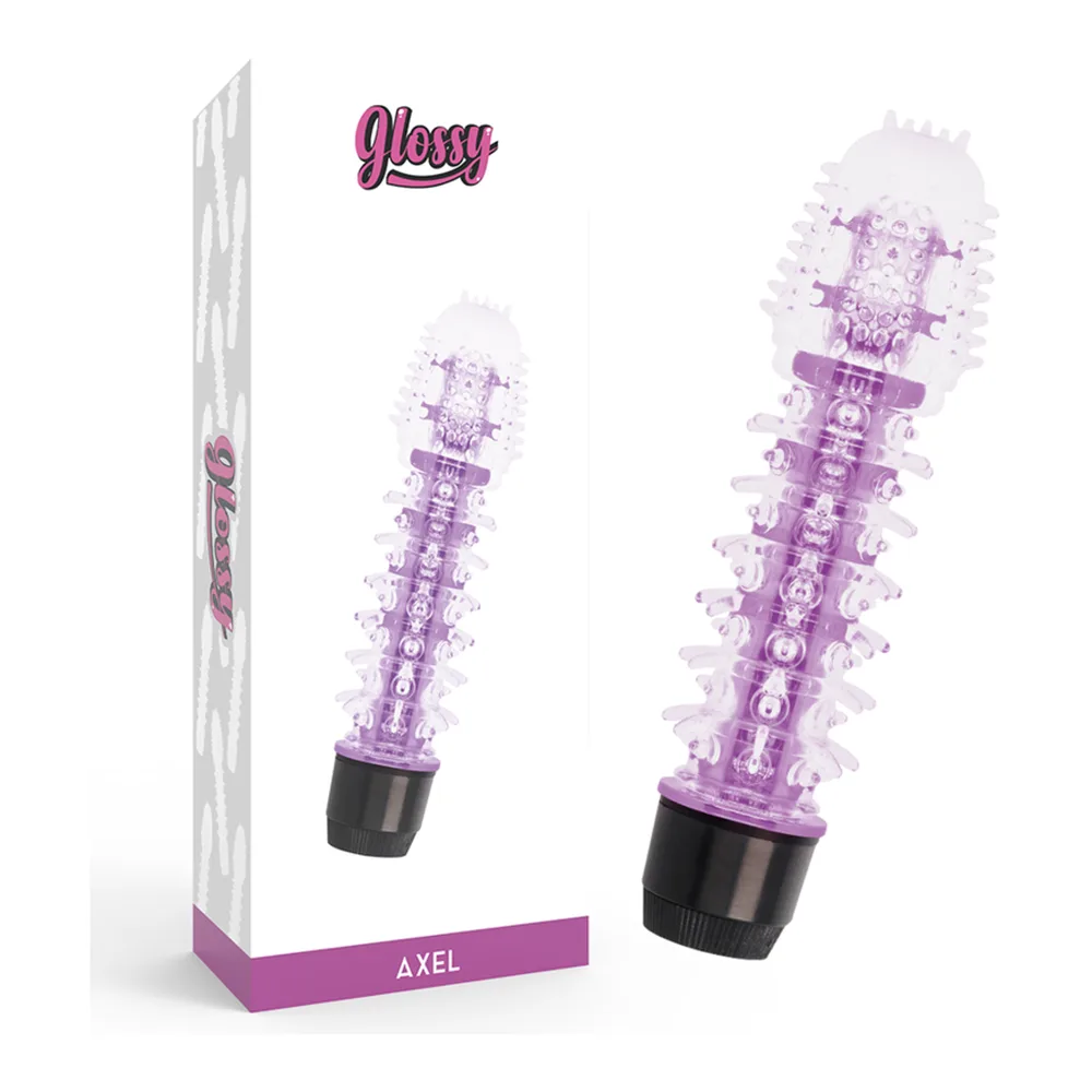Vibrateur Axel en gelée translucide violet avec picots souples, base noire, présenté avec son emballage blanc et violet sur fond blanc