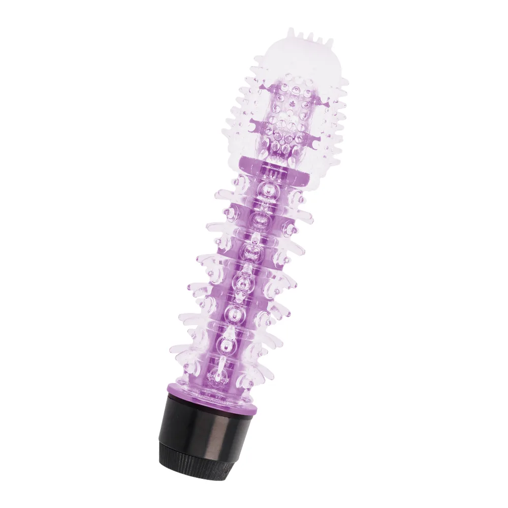 Vibrateur Axel en gelée translucide violet avec picots souples, base noire, présenté avec son emballage blanc et violet sur fond blanc