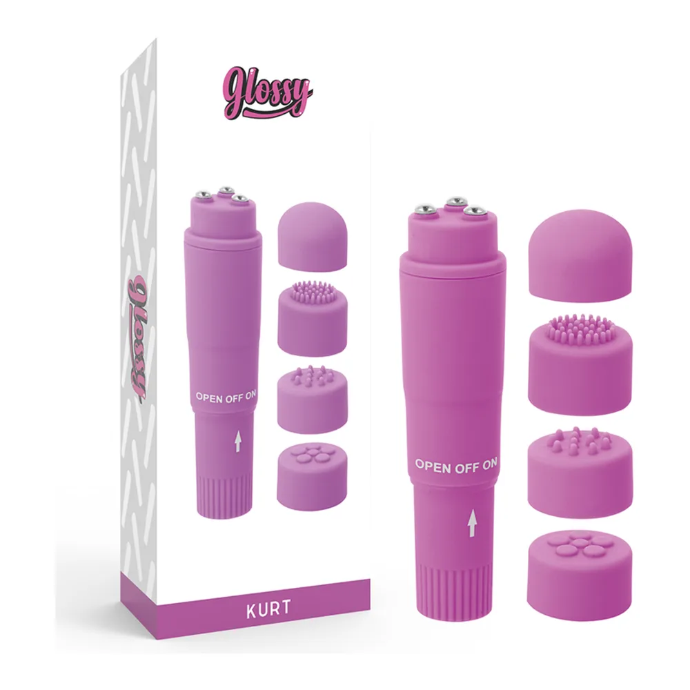 Emballage du masseur de poche Kurt rose avec le produit et ses quatre têtes interchangeables : lisse, texturée en relief, à picots et à motif floral