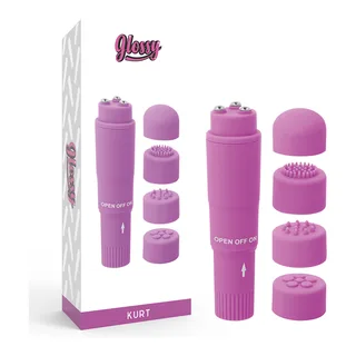 Emballage du masseur de poche Kurt rose avec le produit et ses quatre têtes interchangeables : lisse, texturée en relief, à picots et à motif floral