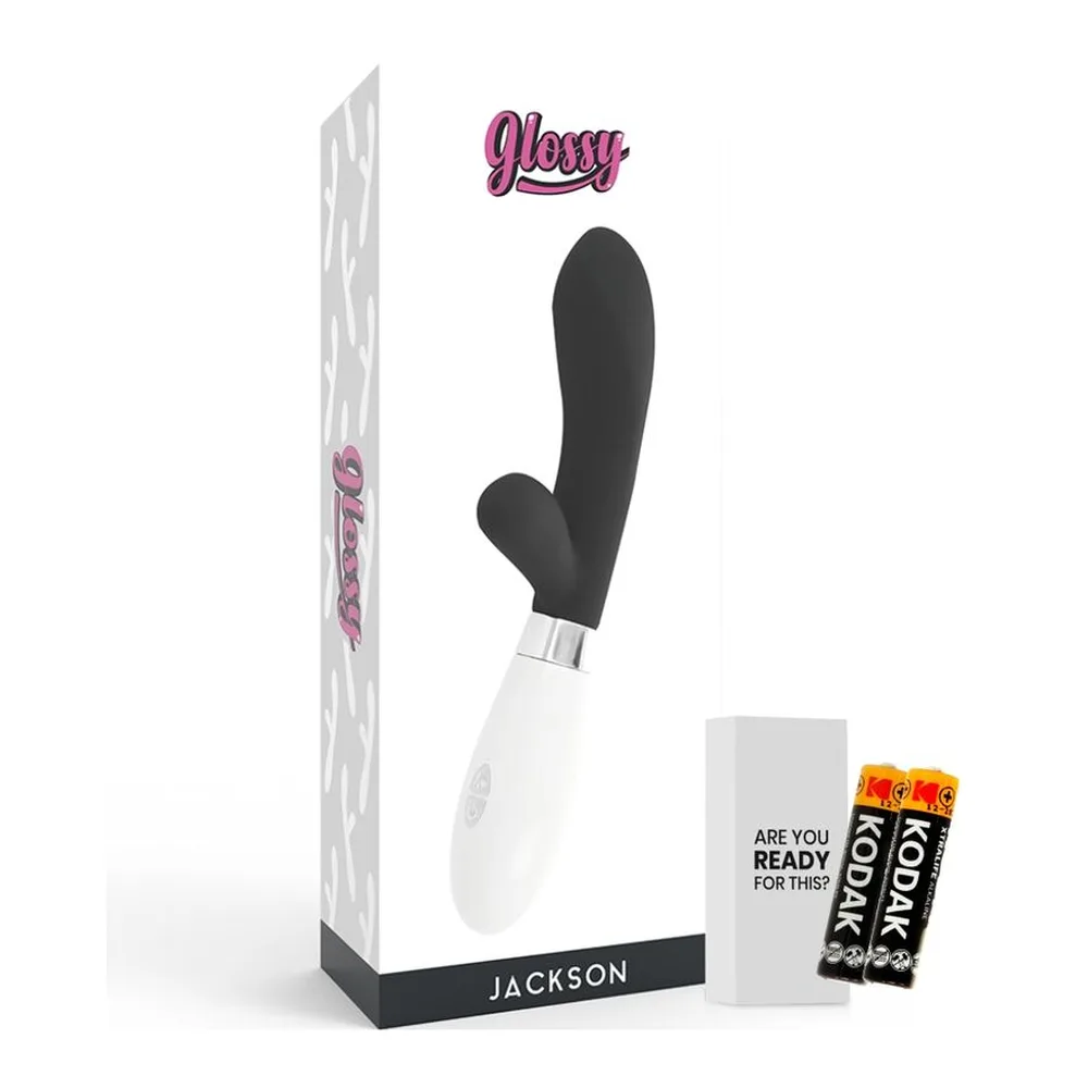 Vibromasseur rabbit Jackson rose et blanc en silicone, avec branches courbées et moteur dual, emballage carton rose et blanc avec piles AAA incluses