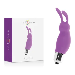 Boîte de vibromasseur rabbit Intense Roger violet et blanc, avec le produit violet et blanc présenté à côté