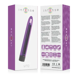 Emballage du vibromasseur Vito Intense, boîte violette avec le produit visible en façade et informations produit au dos