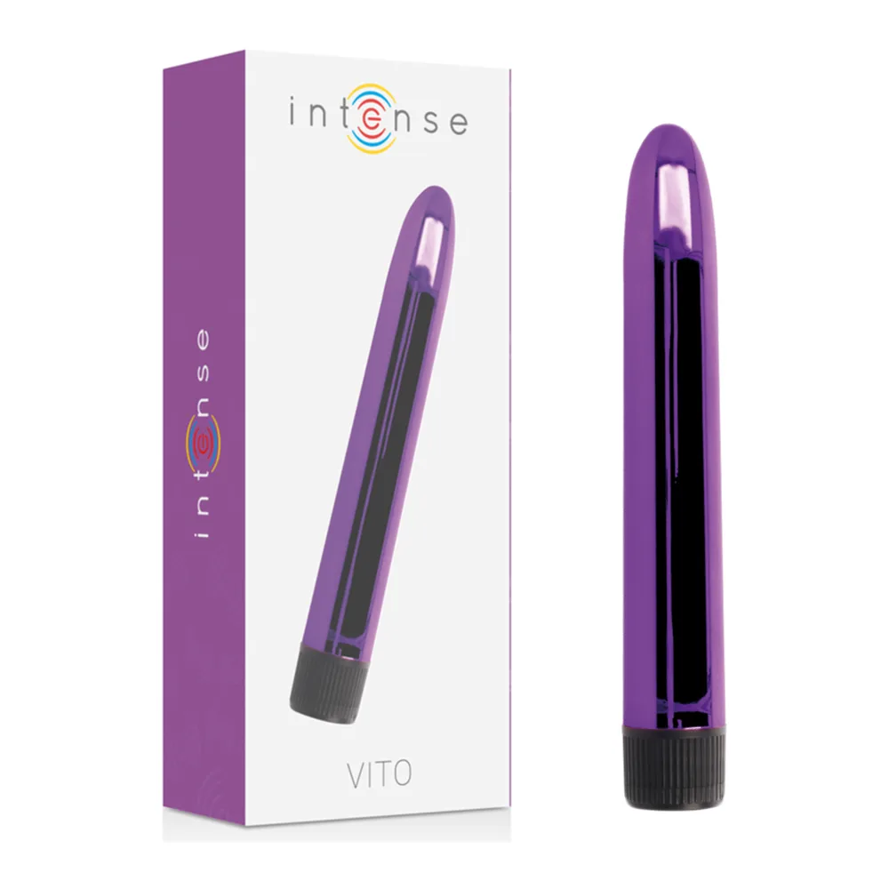 Emballage du vibromasseur Vito Intense, boîte violette avec le produit visible en façade et informations produit au dos