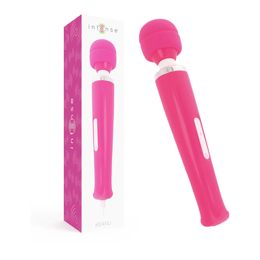 Masseur wand rose vif avec tête ronde pivotante, corps cylindrique, bouton de contrôle blanc, anneau argenté de connexion, câble d'alimentation blanc