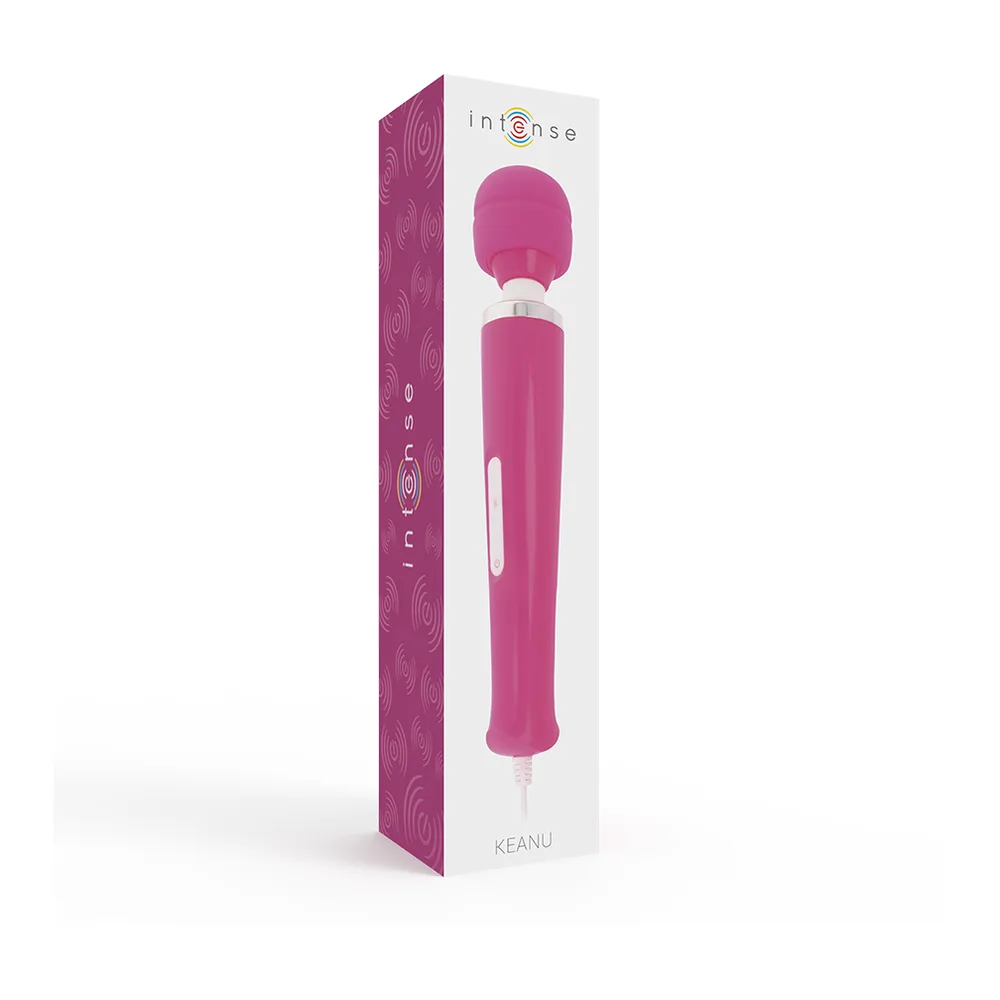 Masseur wand rose vif avec tête ronde pivotante, corps cylindrique, bouton de contrôle blanc, anneau argenté de connexion, câble d'alimentation blanc