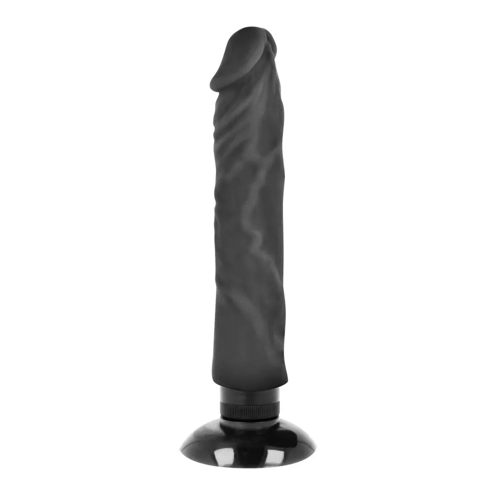 Vibromasseur réaliste noir avec tige ondulée flexible et ventouse amovible à la base, sur fond blanc