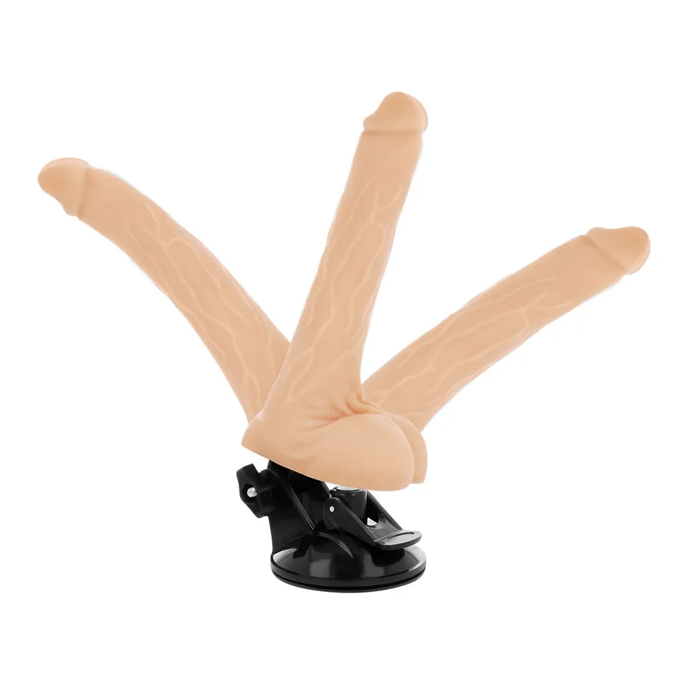 Vibromasseur réaliste noir flexible avec base ventouse noire, télécommande blanche et emballage gris montrant le produit en détail