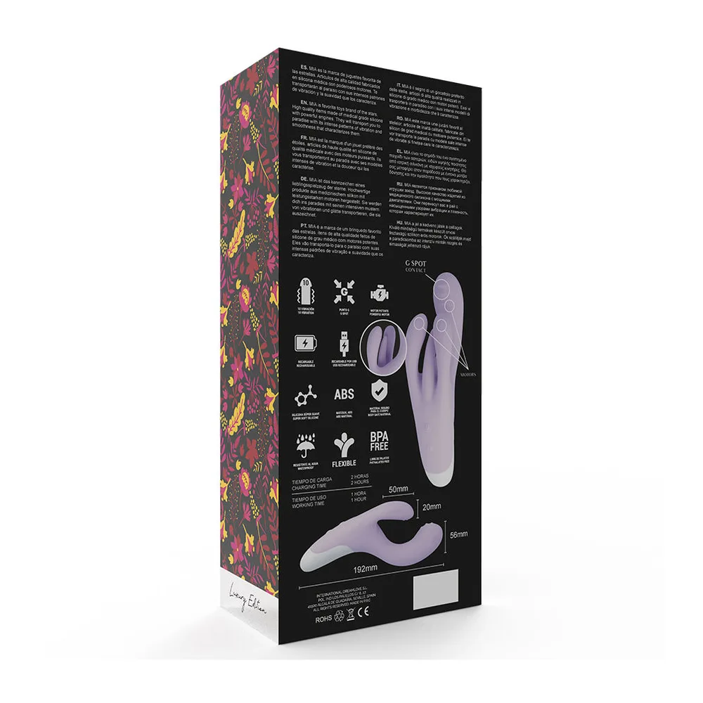Vibromasseur en silicone lilas avec trois branches vibrantes, deux petites pointes latérales et une grande branche centrale incurvée, sur fond blanc