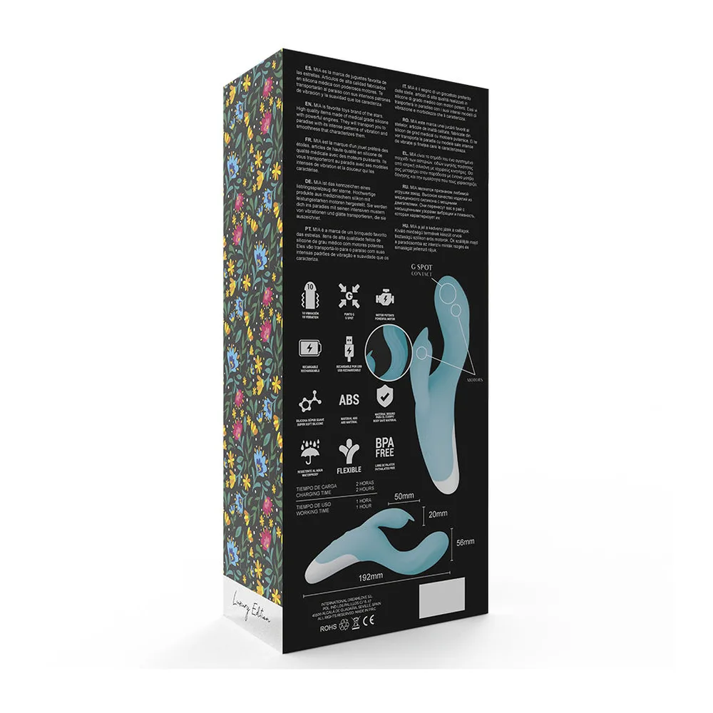 Emballage du vibromasseur Dresde bleu ciel, boîte noire avec motifs floraux colorés sur les côtés, affichant le produit, ses caractéristiques et dimensions