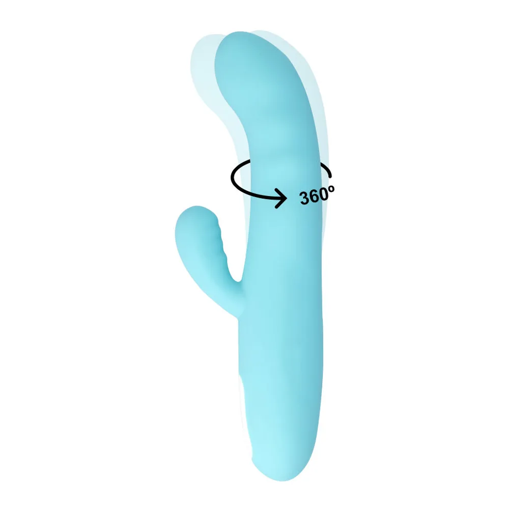 Vibromasseur rotatif turquoise avec bras articulé et moteur clitoridien, formes arrondies, sur fond blanc