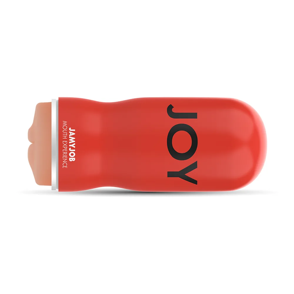 Masturbateur Joy en silicone rouge avec insertable amovible en TPE chair, affichant le logo JOY et l'inscription JAMYJOB MOUTH EXPERIENCE