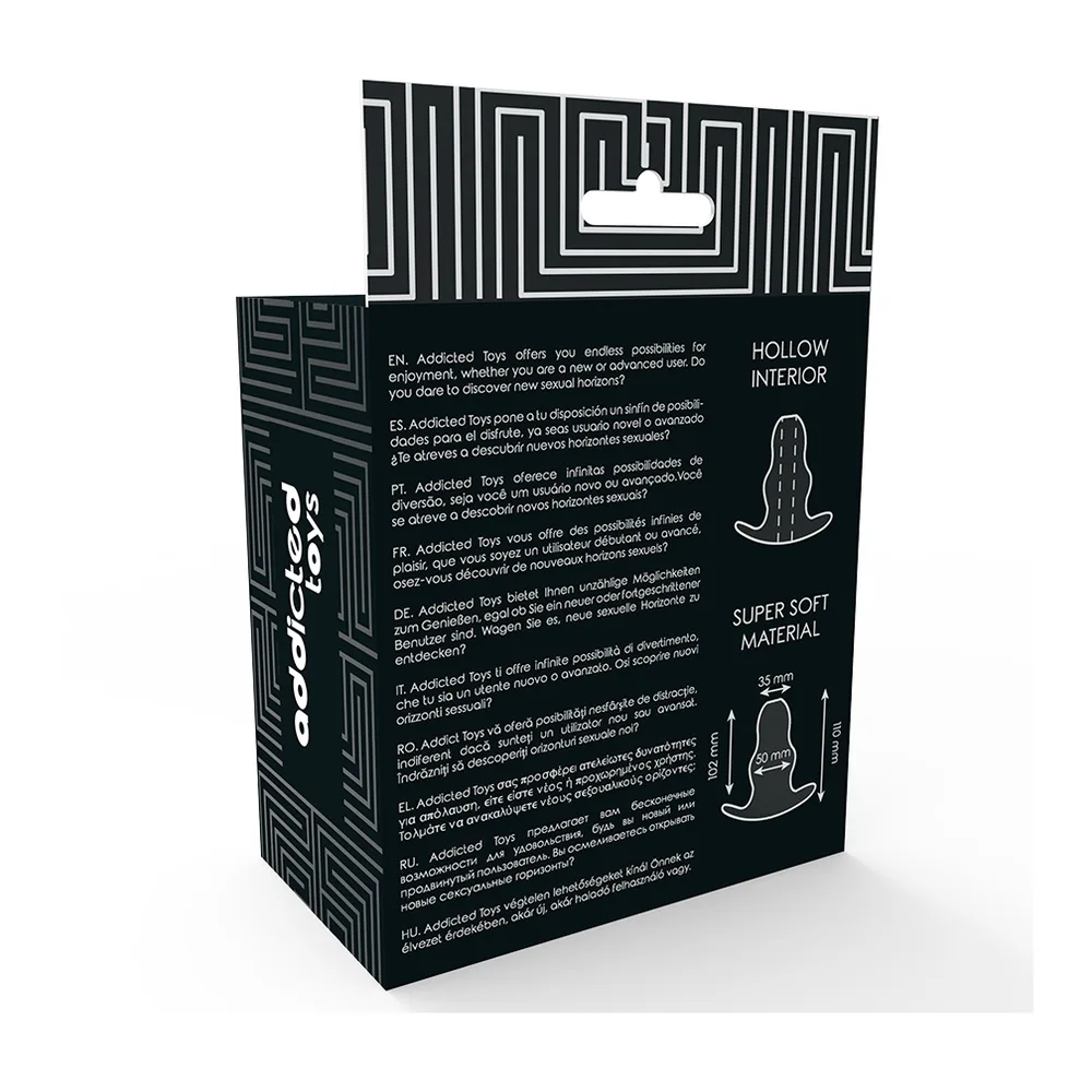 Emballage noir et blanc d'un dilatateur anal de taille moyenne, avec motifs géométriques, descriptions multilingues et pictogrammes montrant la forme du produit